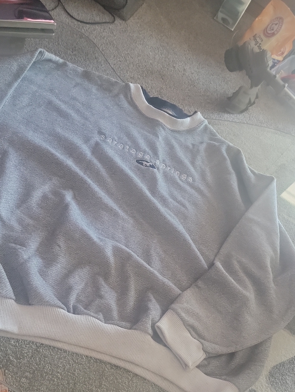Gray Crewneck Sweatshirt. Saratoga Springs And A Photo Of A Horse